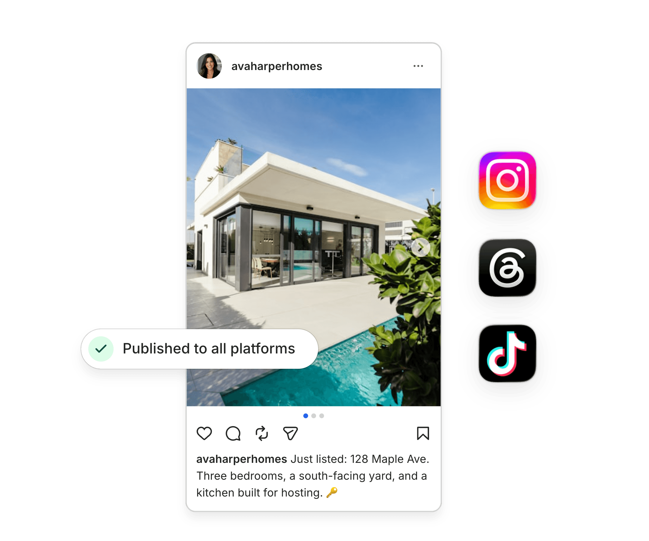 A post published to Instagram, Threads, and TikTok at once